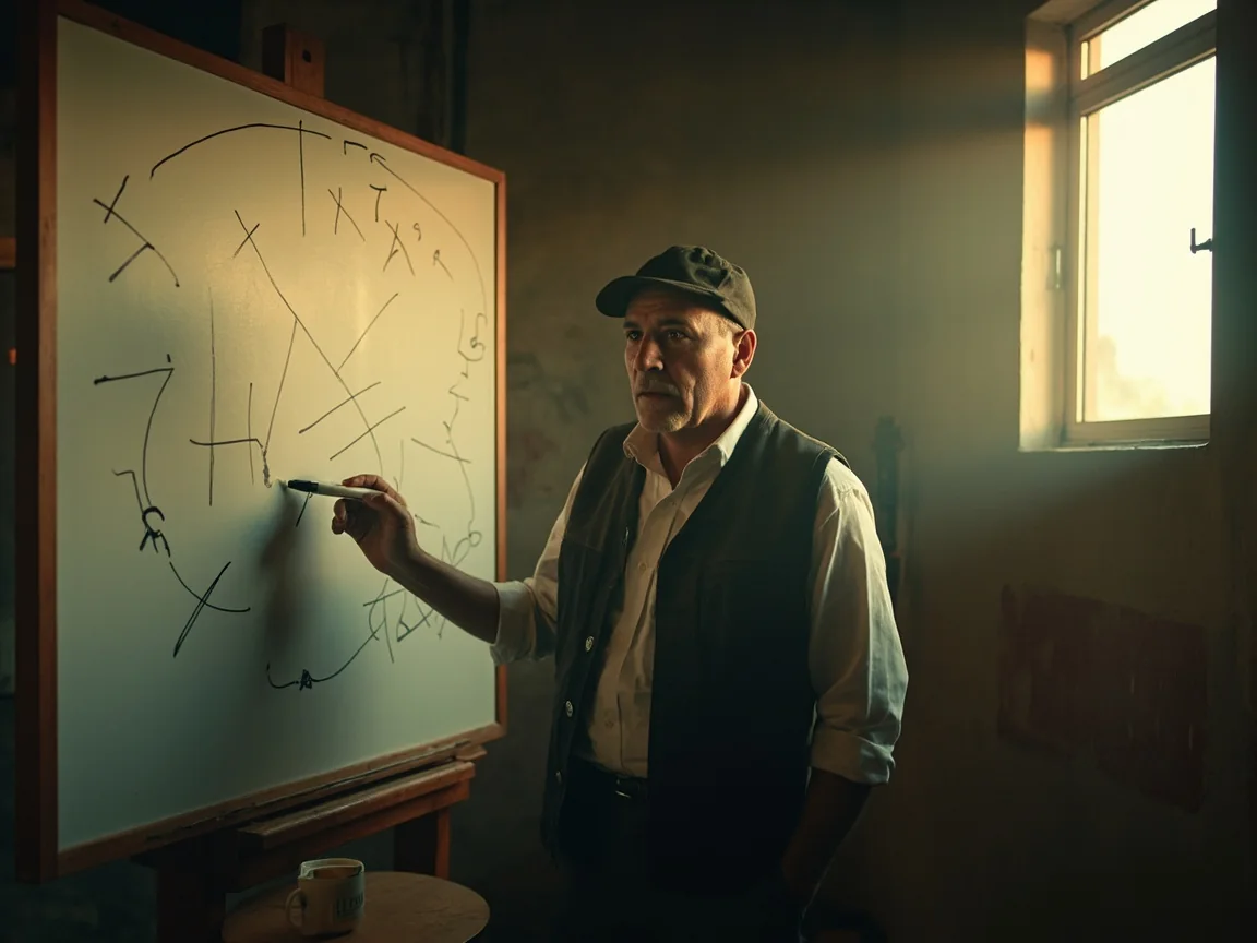 Coach pointing at a whiteboard lineup during a strategic break.