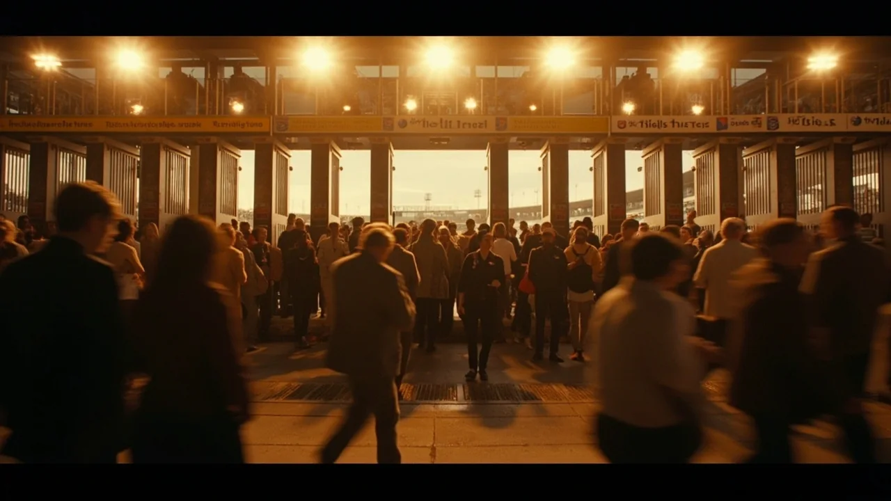 Cricket stadium at dawn with players arriving through the pavilion gates.