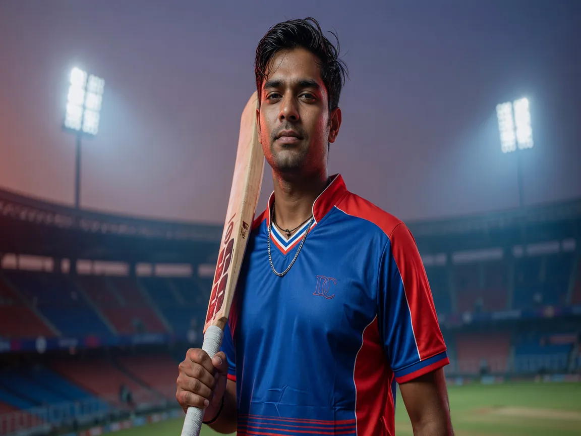Editorial portrait of a Delhi Capitals cricketer in training kit.
