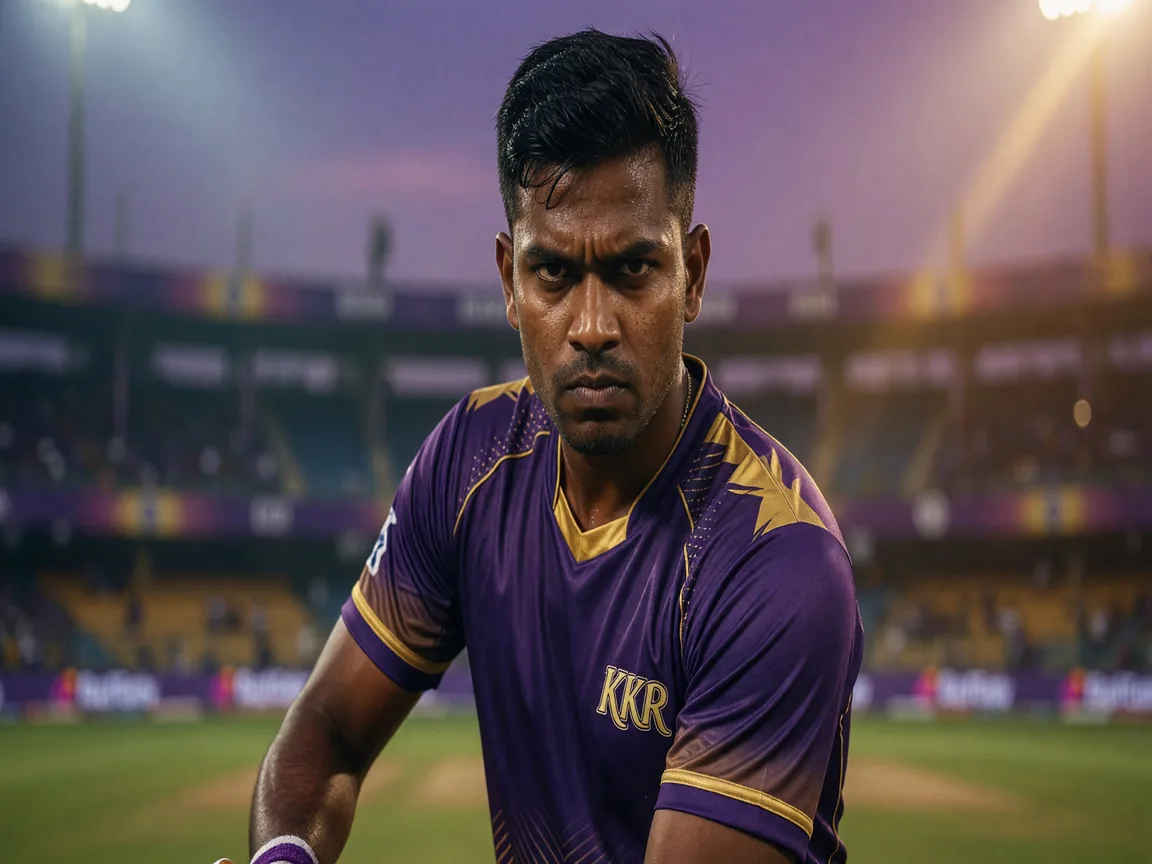 Editorial portrait of a Kolkata Knight Riders cricketer in training kit.