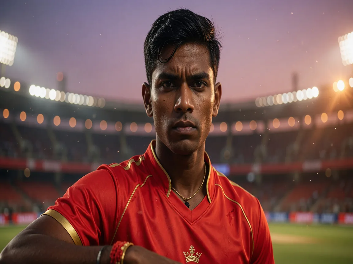 Editorial portrait of a Royal Challengers Bengaluru cricketer in training kit.