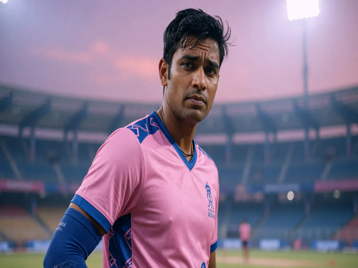 Editorial portrait of a Rajasthan Royals cricketer in training kit.