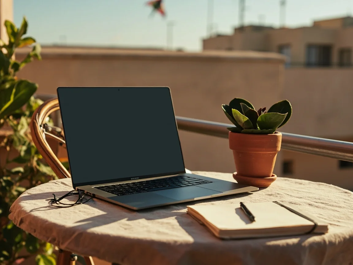 Tactical analyst at a laptop on a balcony reviewing a fantasy cricket slate.
