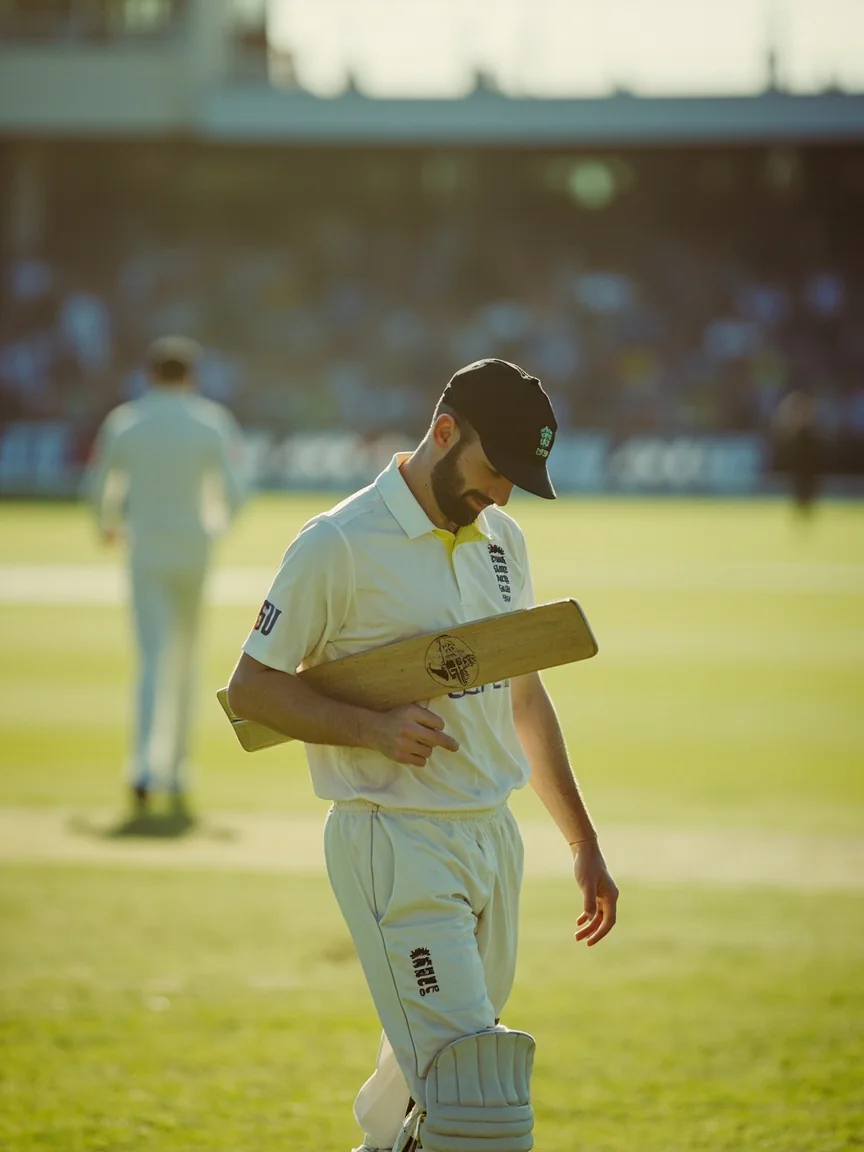 Editorial portrait of a returning batsman walking through the pavilion.