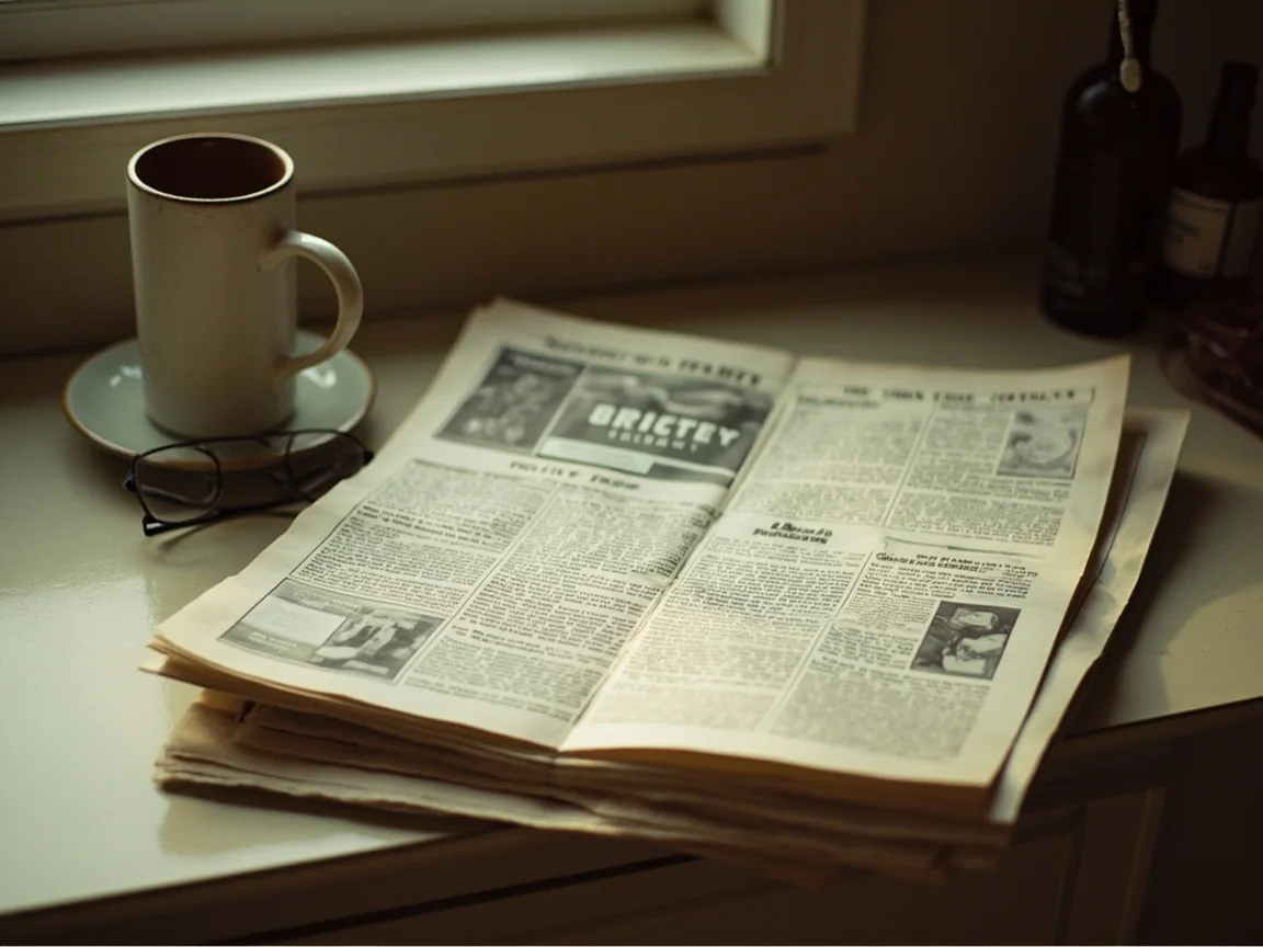 A printed newsletter open on a wooden desk beside a brass paperweight.